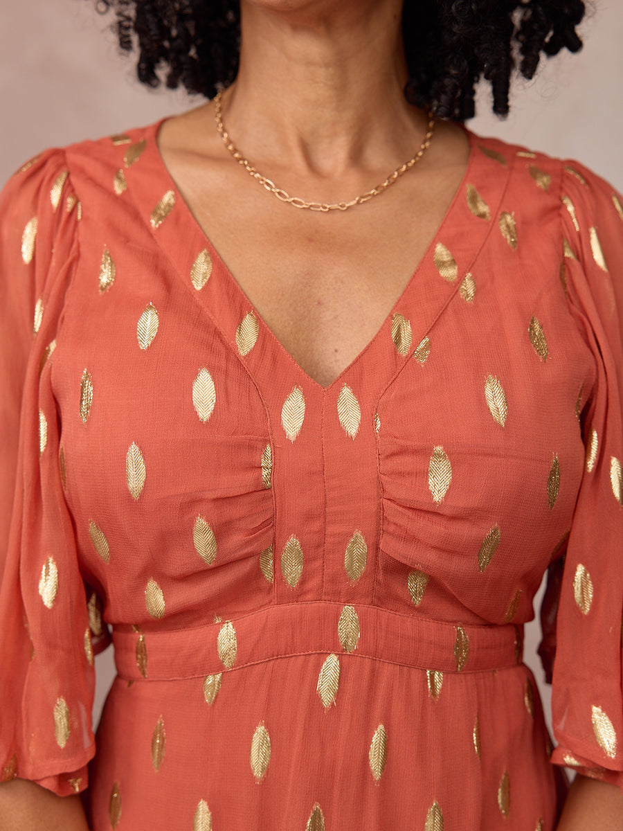 Helena Elbow Length Sleeve Lurex Dress - Cinnamon & Gold