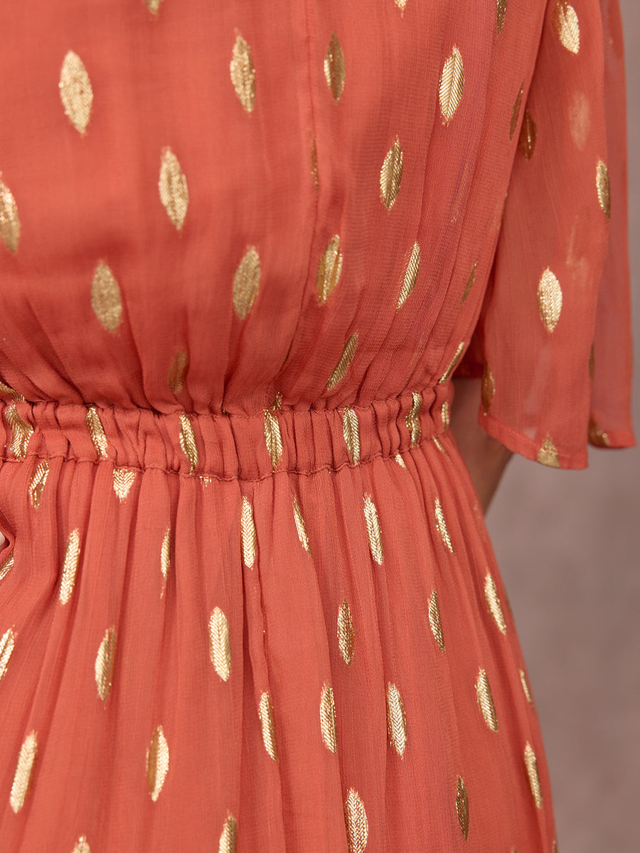 Helena Elbow Length Sleeve Lurex Dress - Cinnamon & Gold
