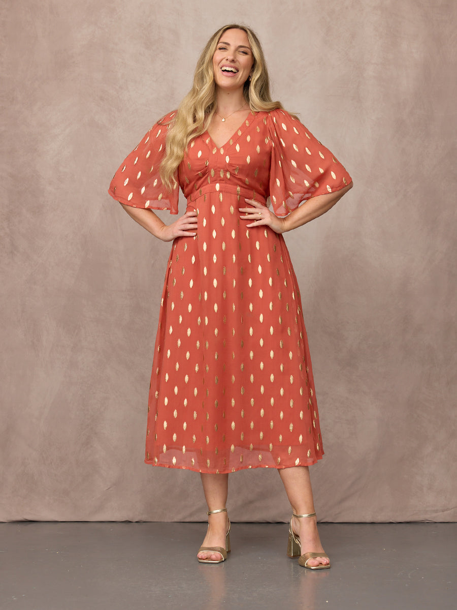 Helena Elbow Length Sleeve Lurex Dress - Cinnamon & Gold