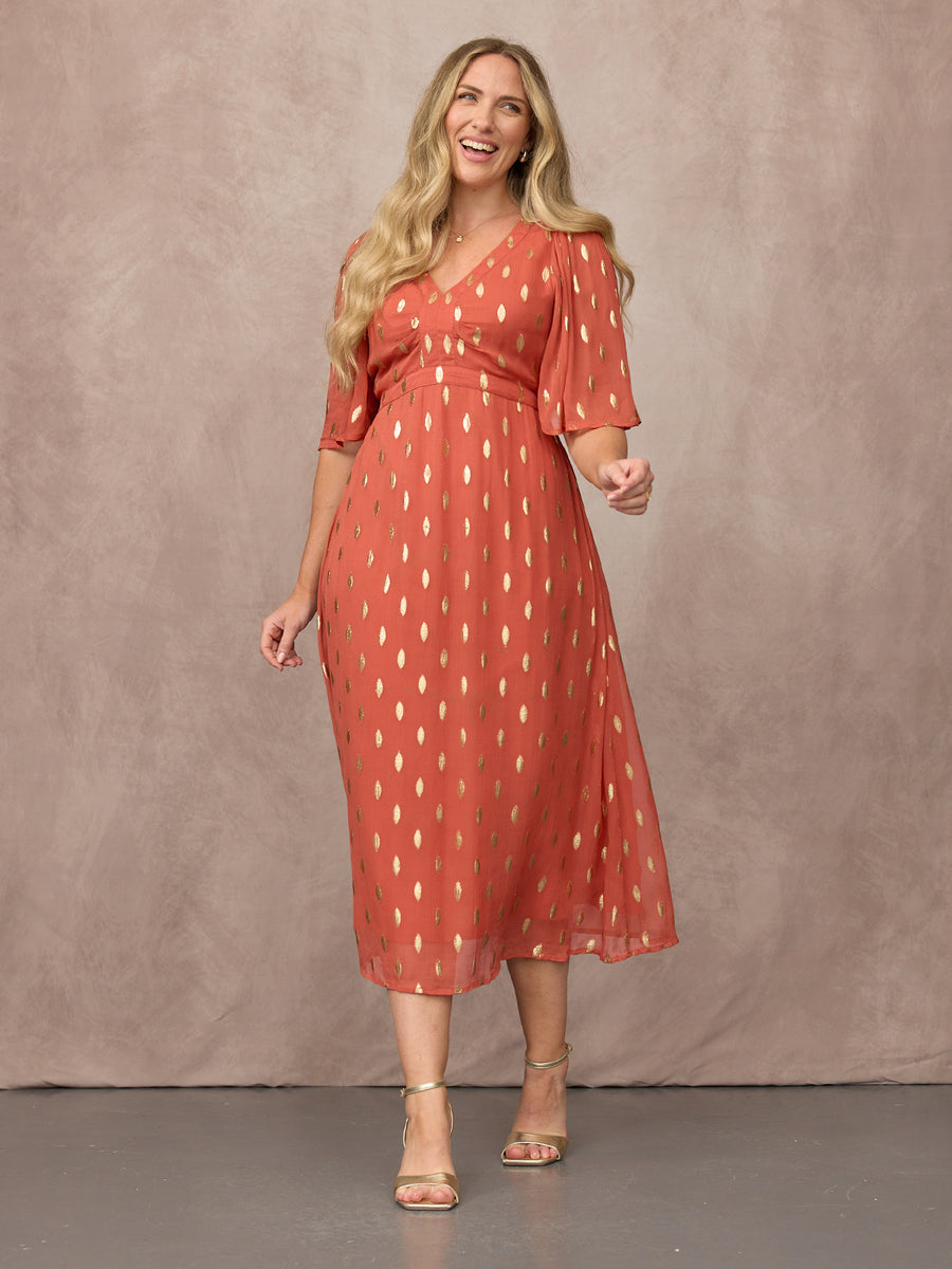Helena Elbow Length Sleeve Lurex Dress - Cinnamon & Gold