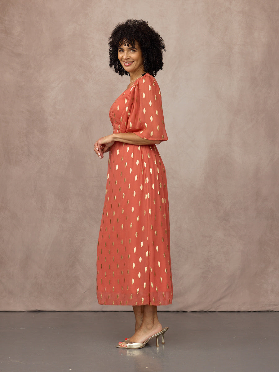 Helena Elbow Length Sleeve Lurex Dress - Cinnamon & Gold