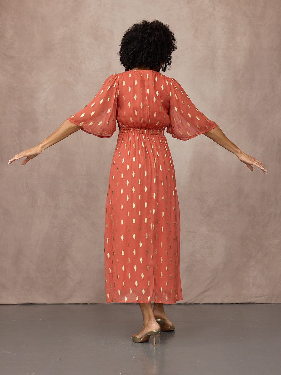 Helena Elbow Length Sleeve Lurex Dress - Cinnamon & Gold