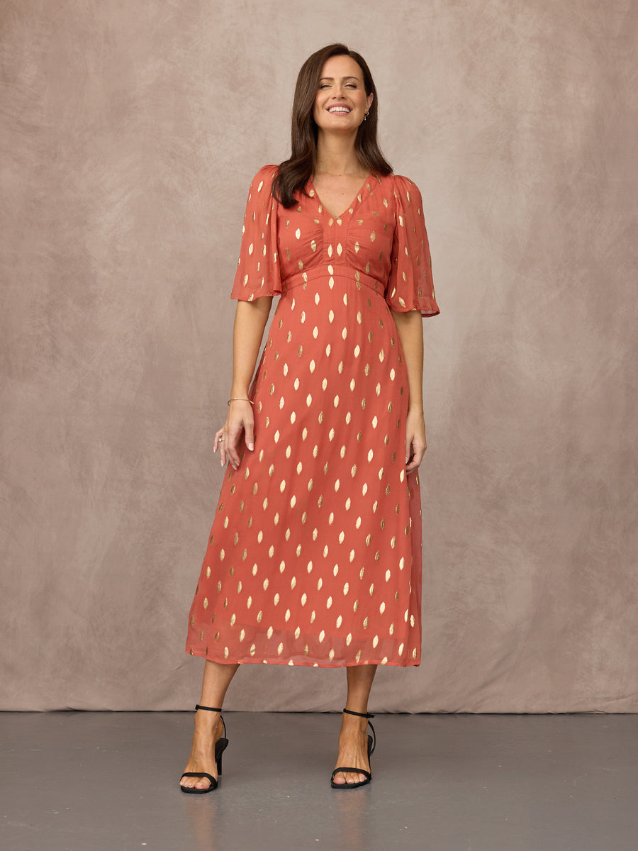 Helena Elbow Length Sleeve Lurex Dress - Cinnamon & Gold