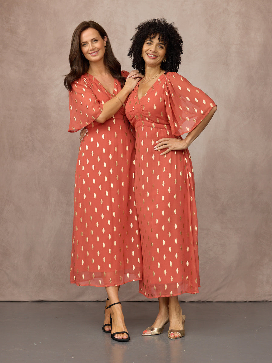 Helena Elbow Length Sleeve Lurex Dress - Cinnamon & Gold