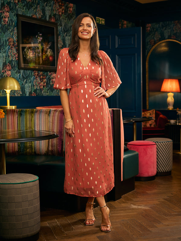 Helena Elbow Length Sleeve Lurex Dress - Cinnamon & Gold