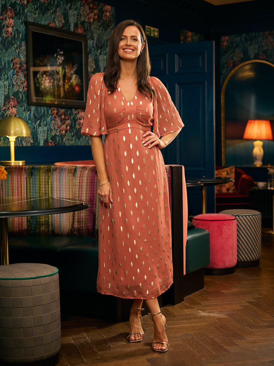 Helena Elbow Length Sleeve Lurex Dress - Cinnamon & Gold