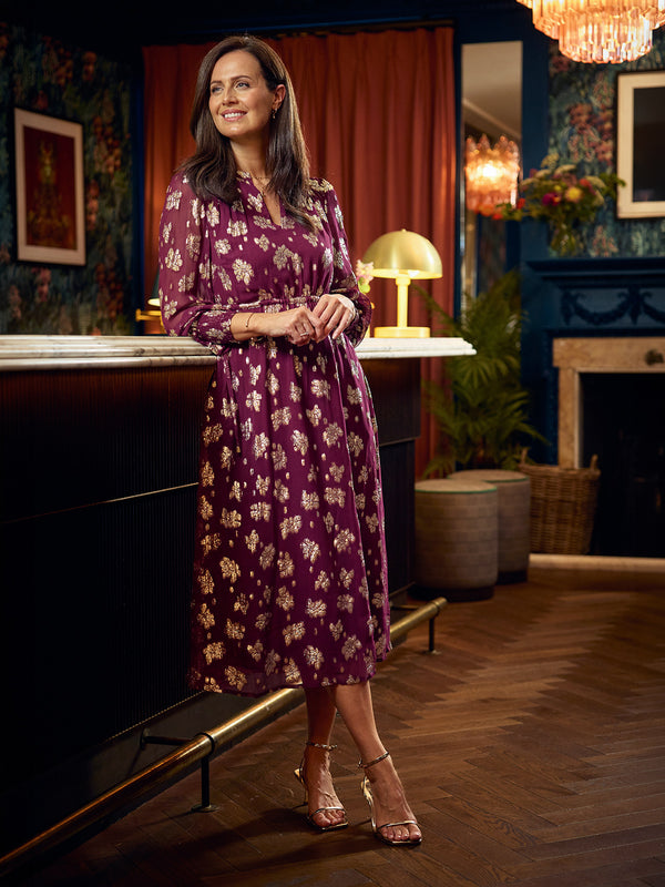 Libby Long Sleeve Floral Lurex Dress - Plum & Gold