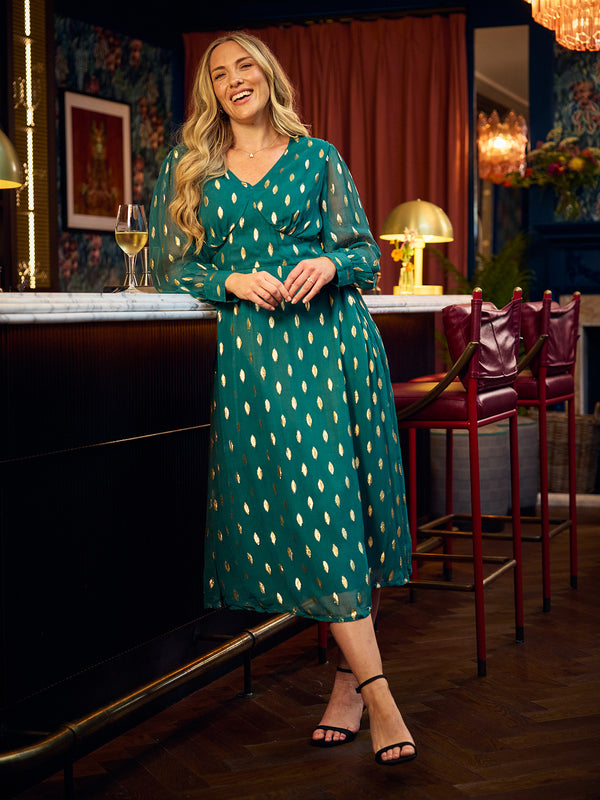 Loulou V-Neck Long Sleeve Lurex Dress - Teal & Gold