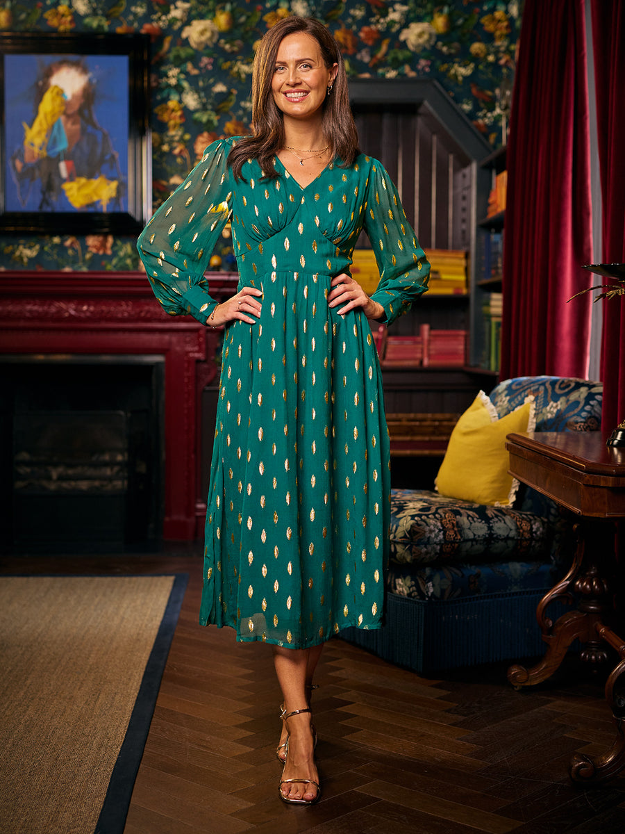 Loulou V-Neck Long Sleeve Lurex Dress - Teal & Gold