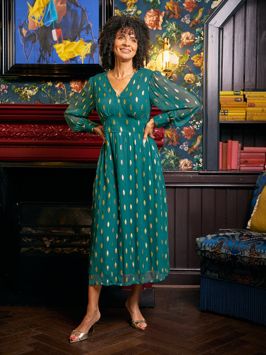 Loulou V-Neck Long Sleeve Lurex Dress - Teal & Gold