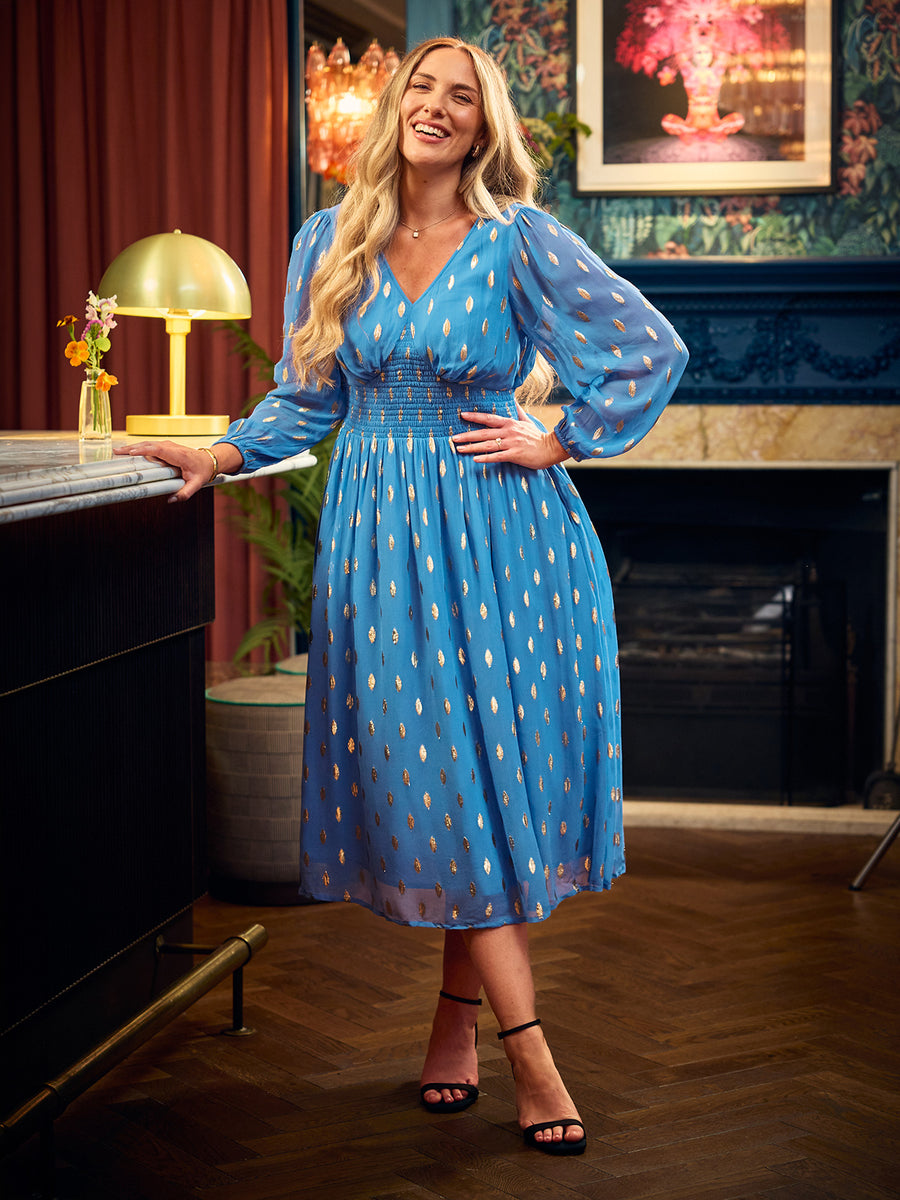 Maddie Long Sleeve Lurex Dress - Blue
