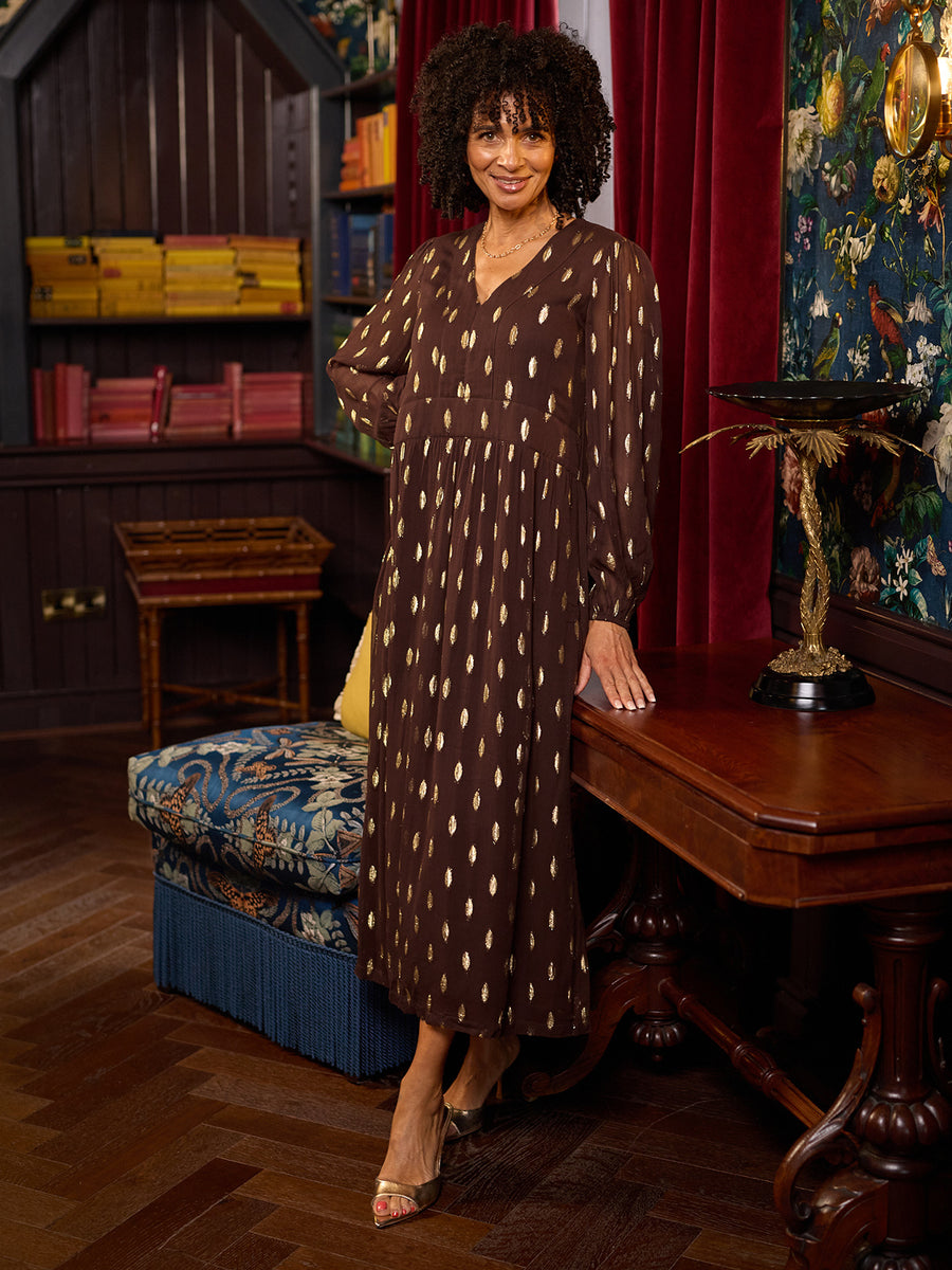 Minna Relaxed Lurex Dress - Chocolate & Gold