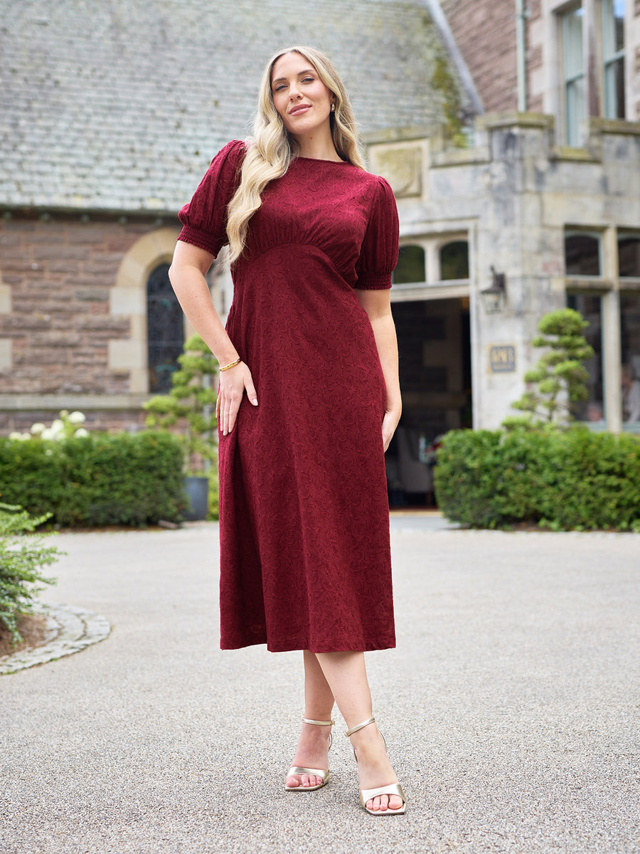 Rachel Puff Sleeve Jacquard Dress - Maroon Red
