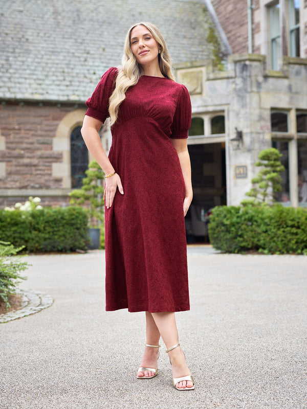 Rachel Puff Sleeve Jacquard Dress - Maroon Red