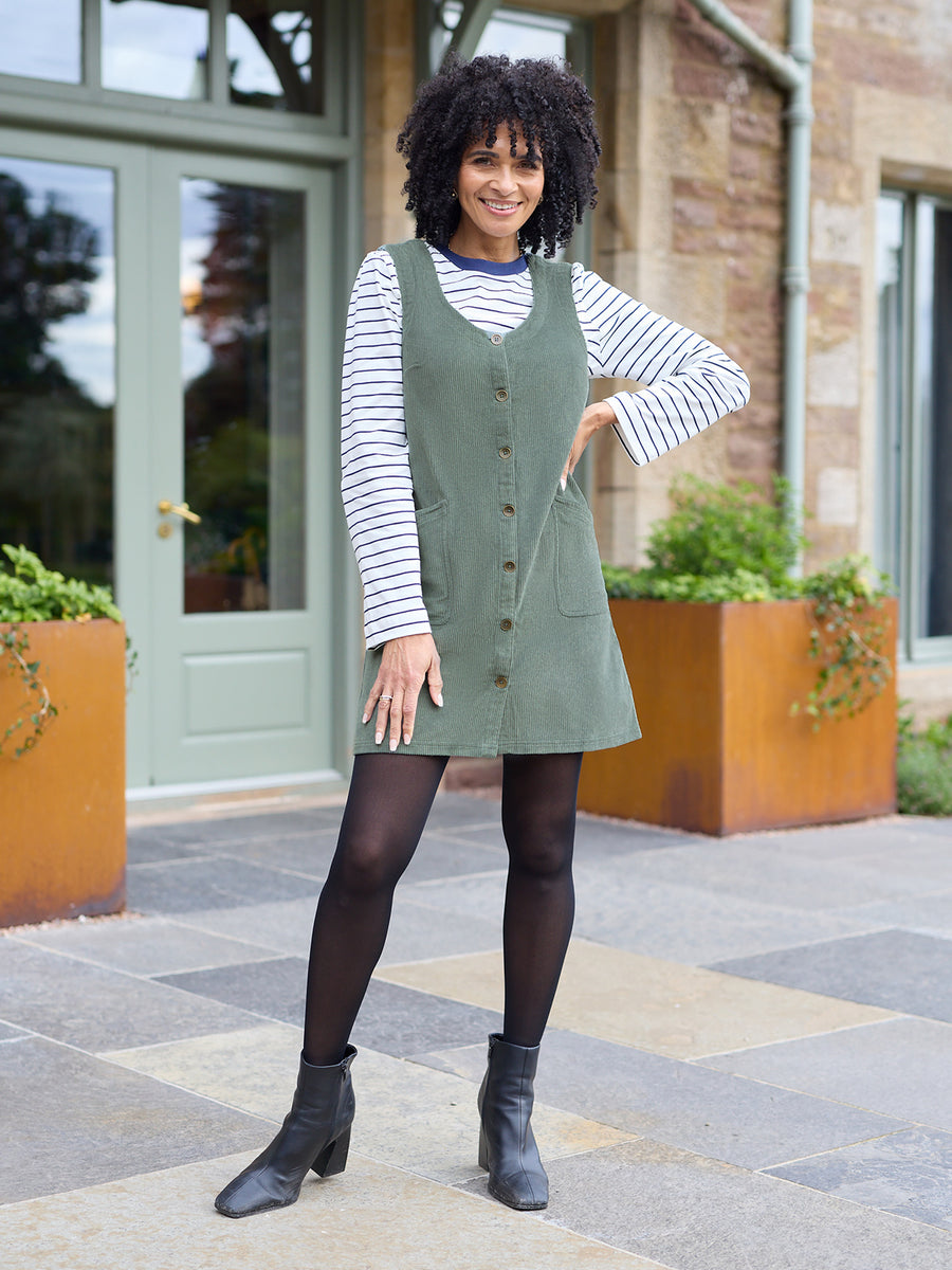 Sandie Round Neck Cord Pinafore Dress - Light Sage