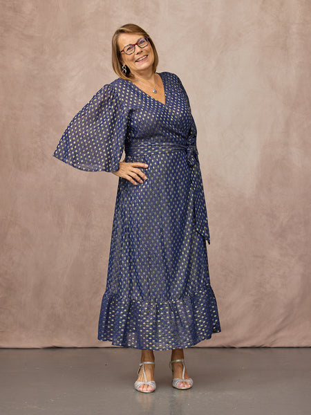 Tricia Wrap Lurex Dress - Navy, Silver & Gold