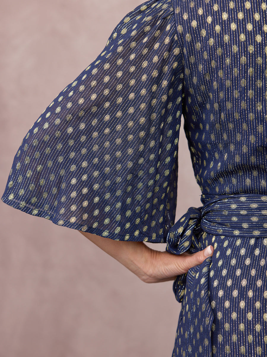 Tricia Wrap Lurex Dress - Navy, Silver & Gold