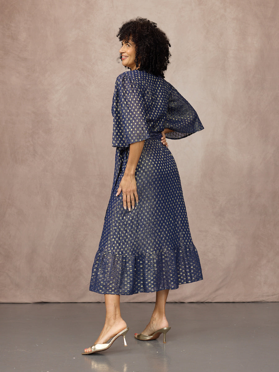 Tricia Wrap Lurex Dress - Navy, Silver & Gold