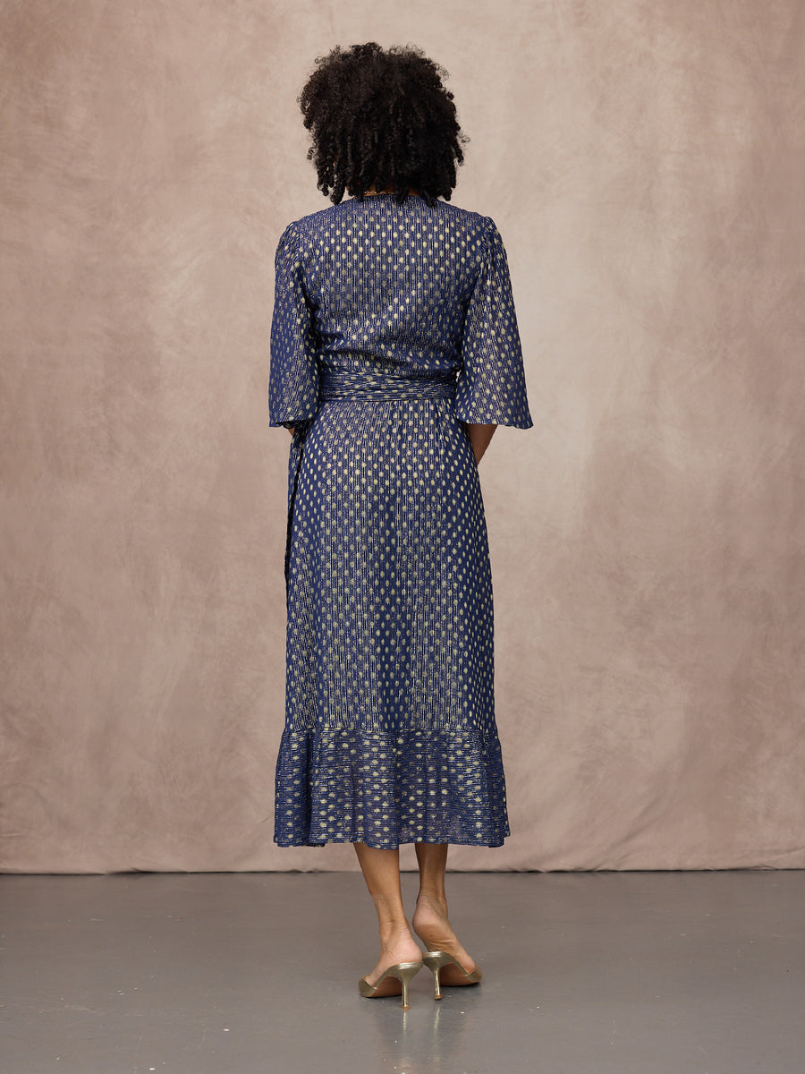 Tricia Wrap Lurex Dress - Navy, Silver & Gold
