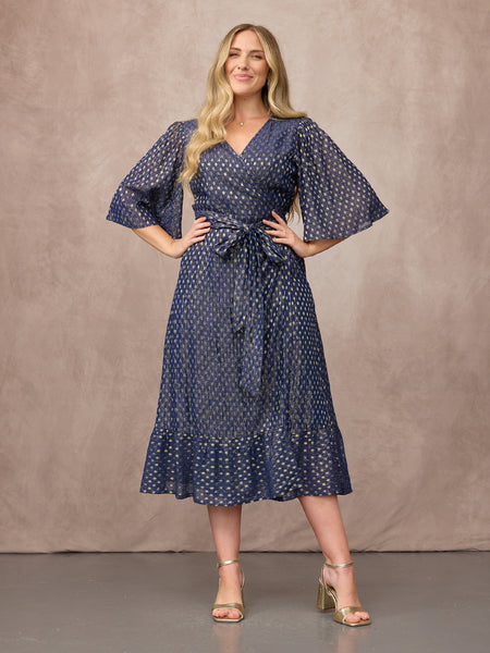 Tricia Wrap Lurex Dress - Navy, Silver & Gold