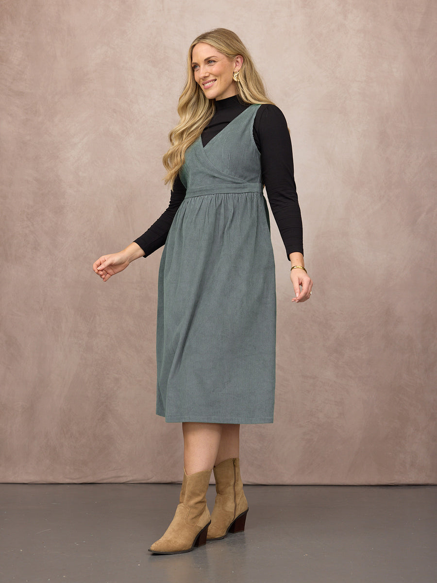 Ally Crossover Front Cord Dress - Laurel Green