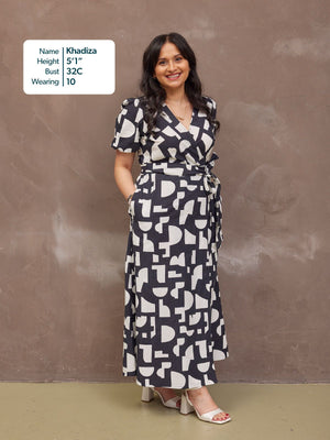 Callie Linen Mix Wrap Dress - Geo Print