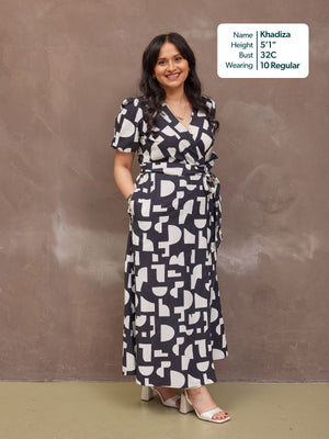 Callie Linen Mix Wrap Dress - Geo Print