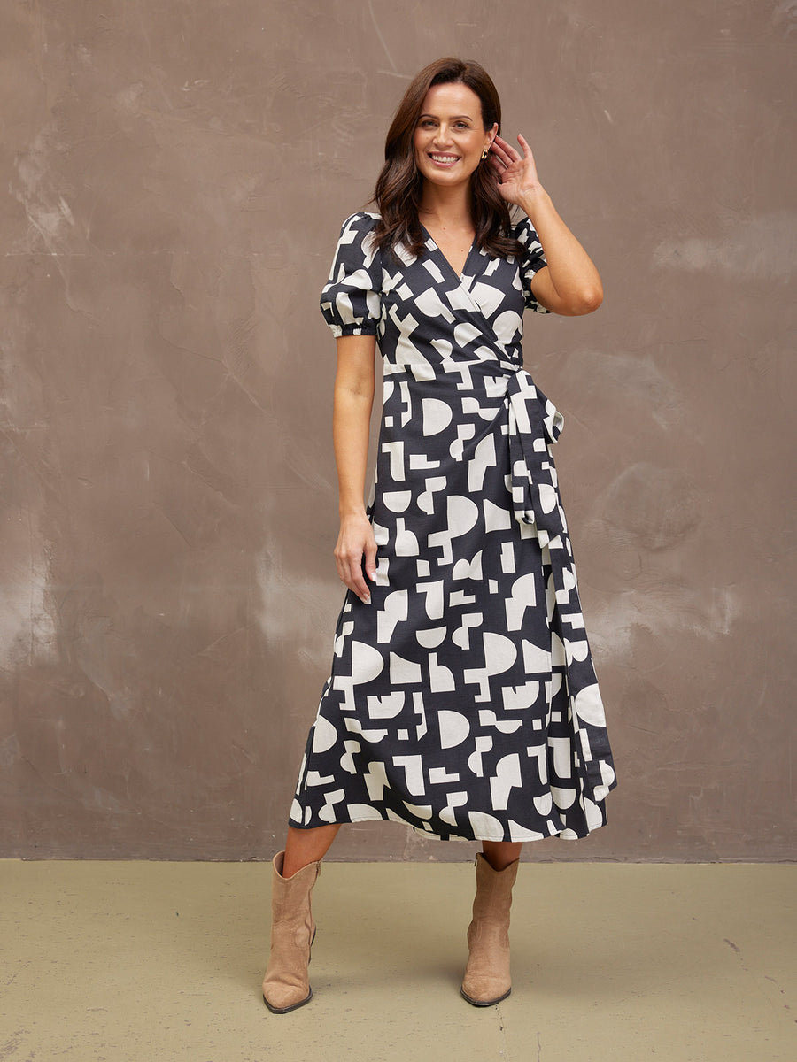 Callie Linen Mix Wrap Dress - Geo Print