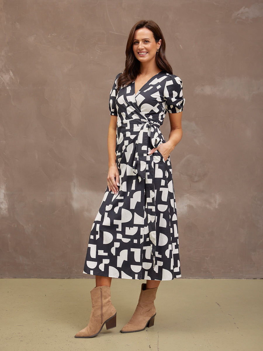 Callie Linen Mix Wrap Dress - Geo Print