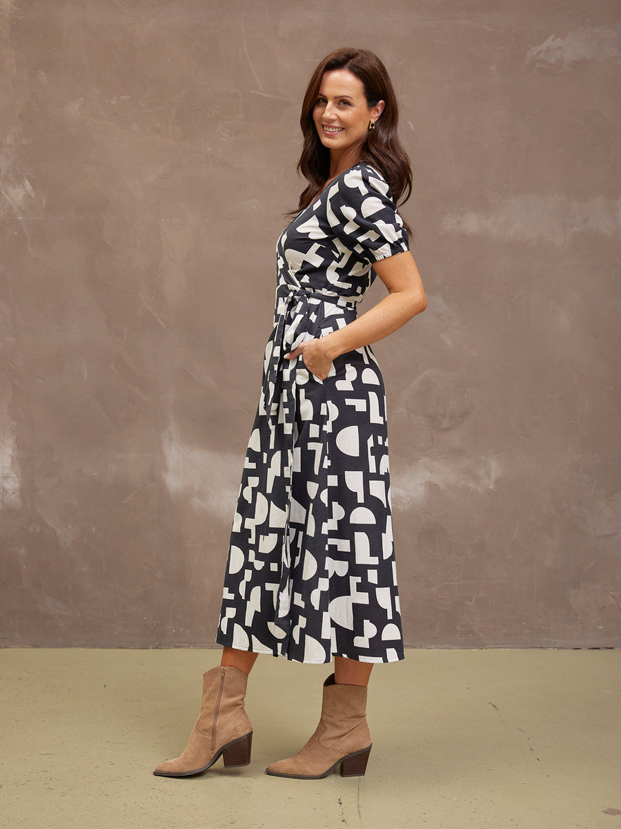 Callie Linen Mix Wrap Dress - Geo Print