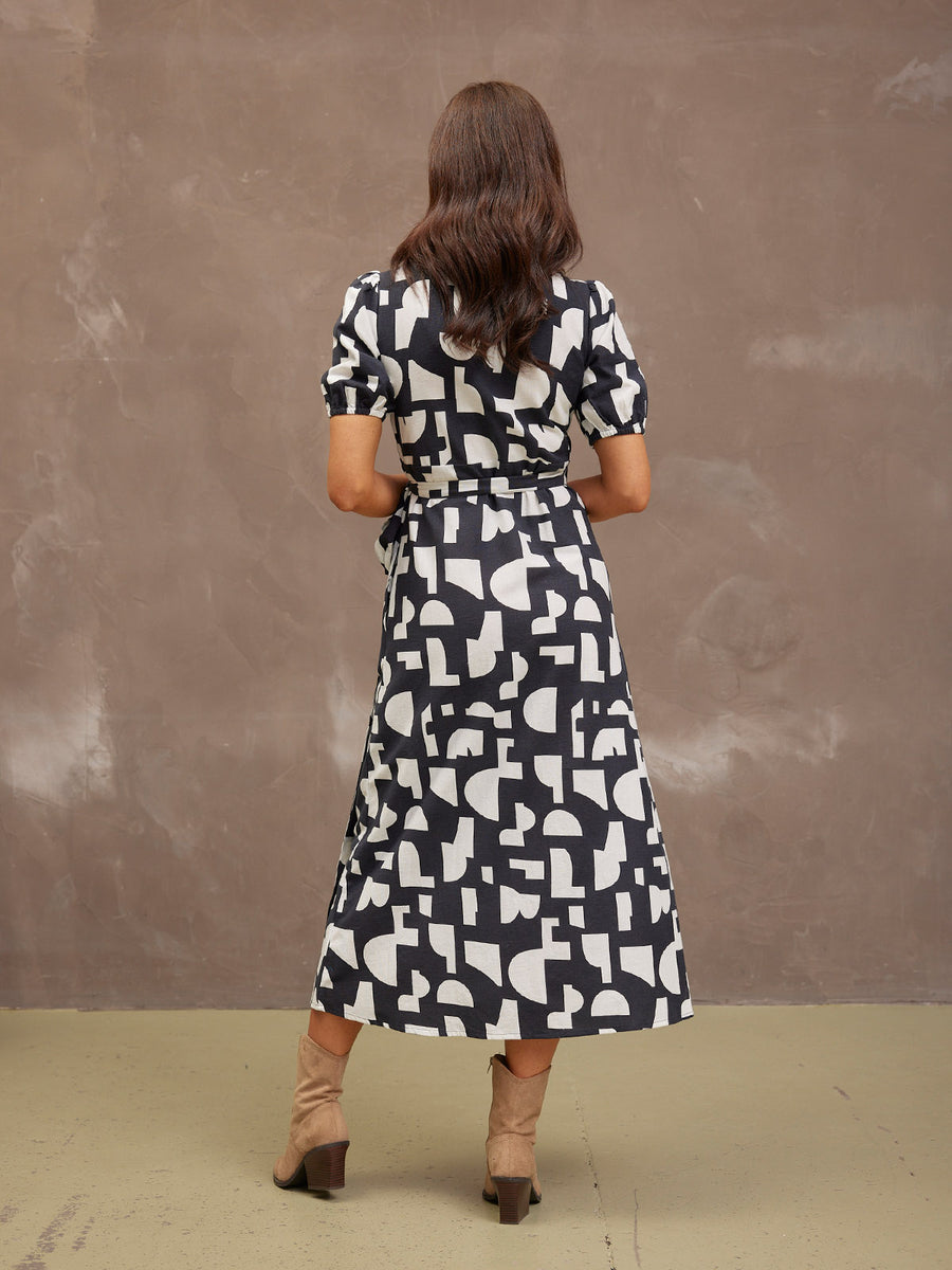 Callie Linen Mix Wrap Dress - Geo Print