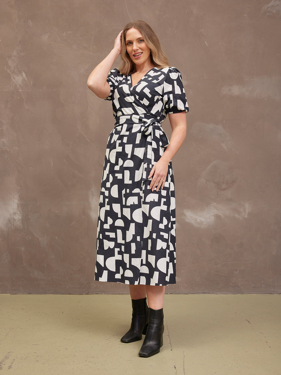 Callie Linen Mix Wrap Dress - Geo Print