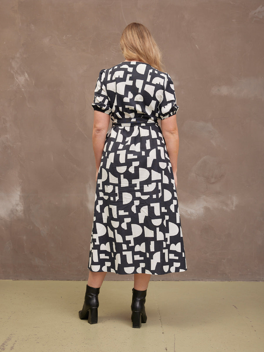 Callie Linen Mix Wrap Dress - Geo Print