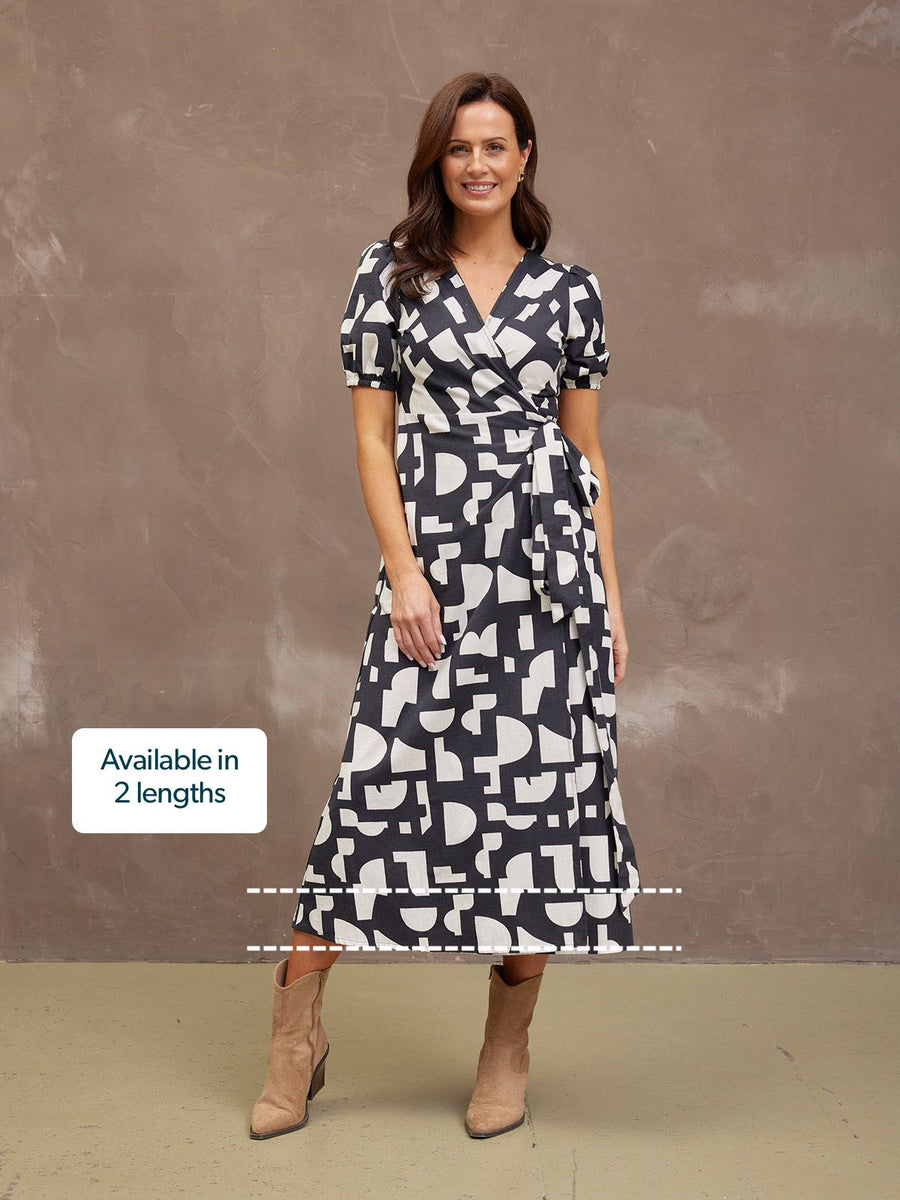 Callie Linen Mix Wrap Dress - Geo Print