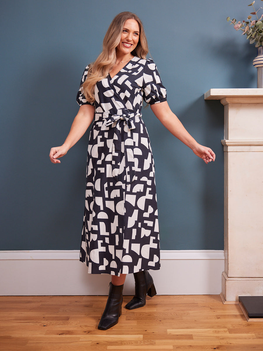 Callie Linen Mix Wrap Dress - Geo Print