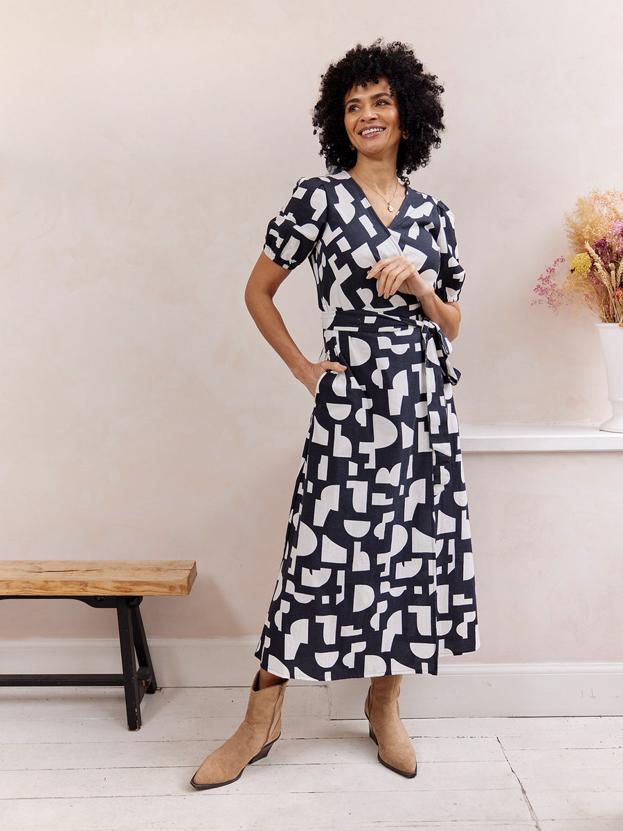 Callie Linen Mix Wrap Dress - Geo Print