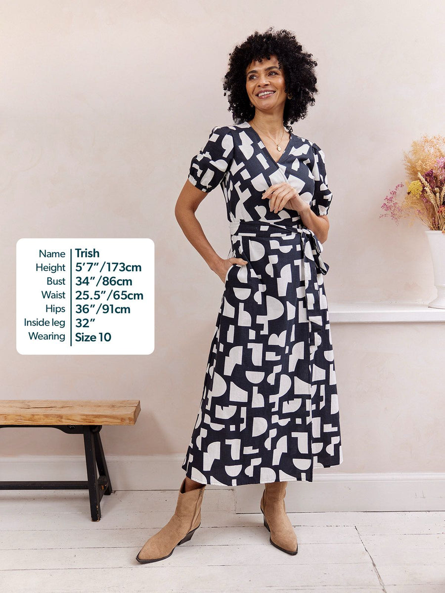 Callie Linen Mix Wrap Dress - Geo Print