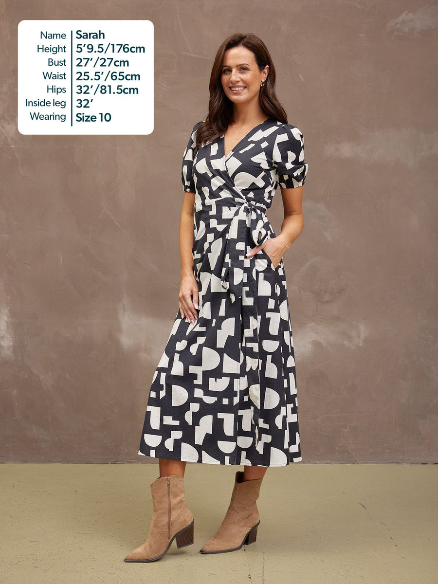 Callie Linen Mix Wrap Dress - Geo Print