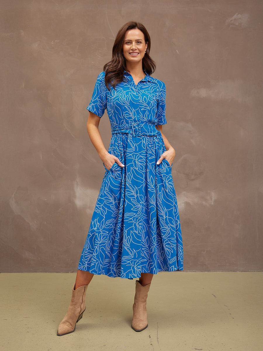 Camilla Dress - Blue Leaf Print