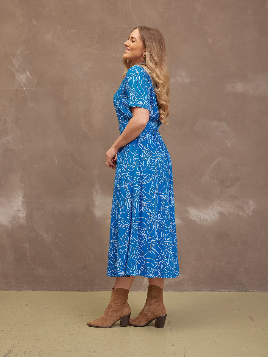 Camilla Dress - Blue Leaf Print