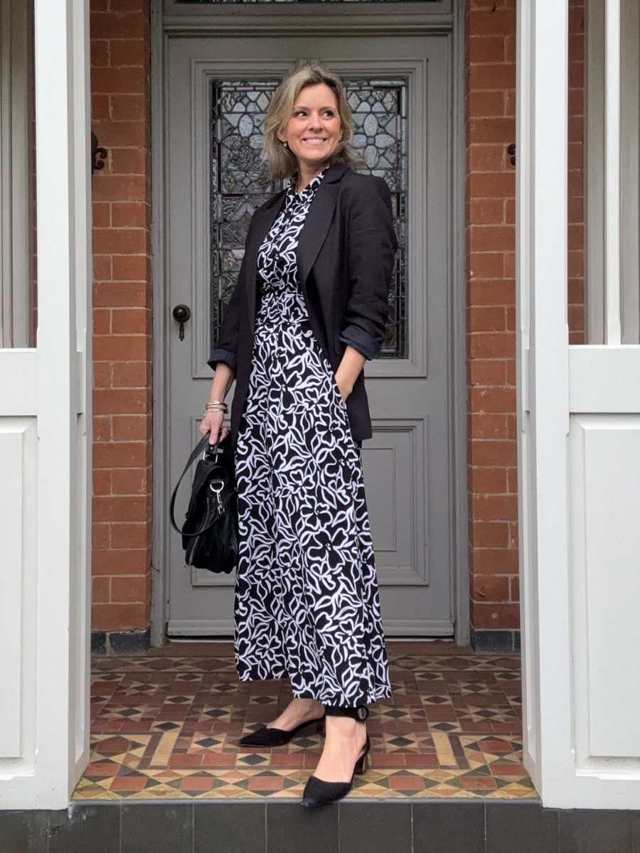 Camilla Dress Black Linear Floral - Sample