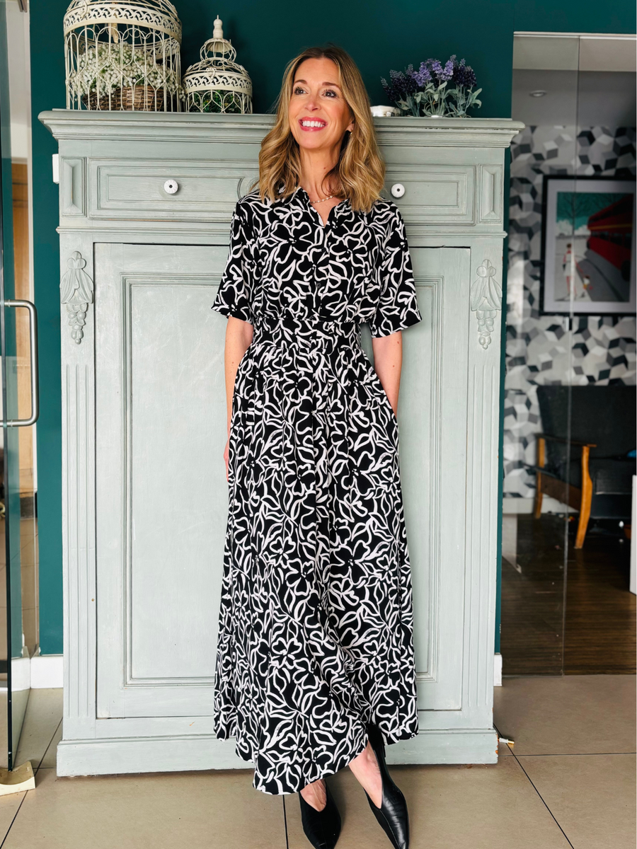 Camilla Dress Black Linear Floral - Sample