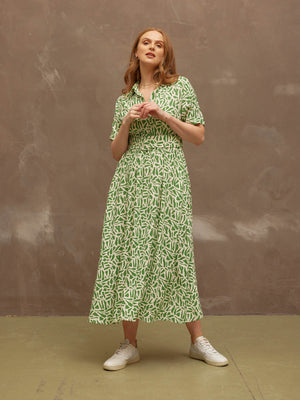 Camilla - Belted Shirt Dress - Green Terrazzo Print