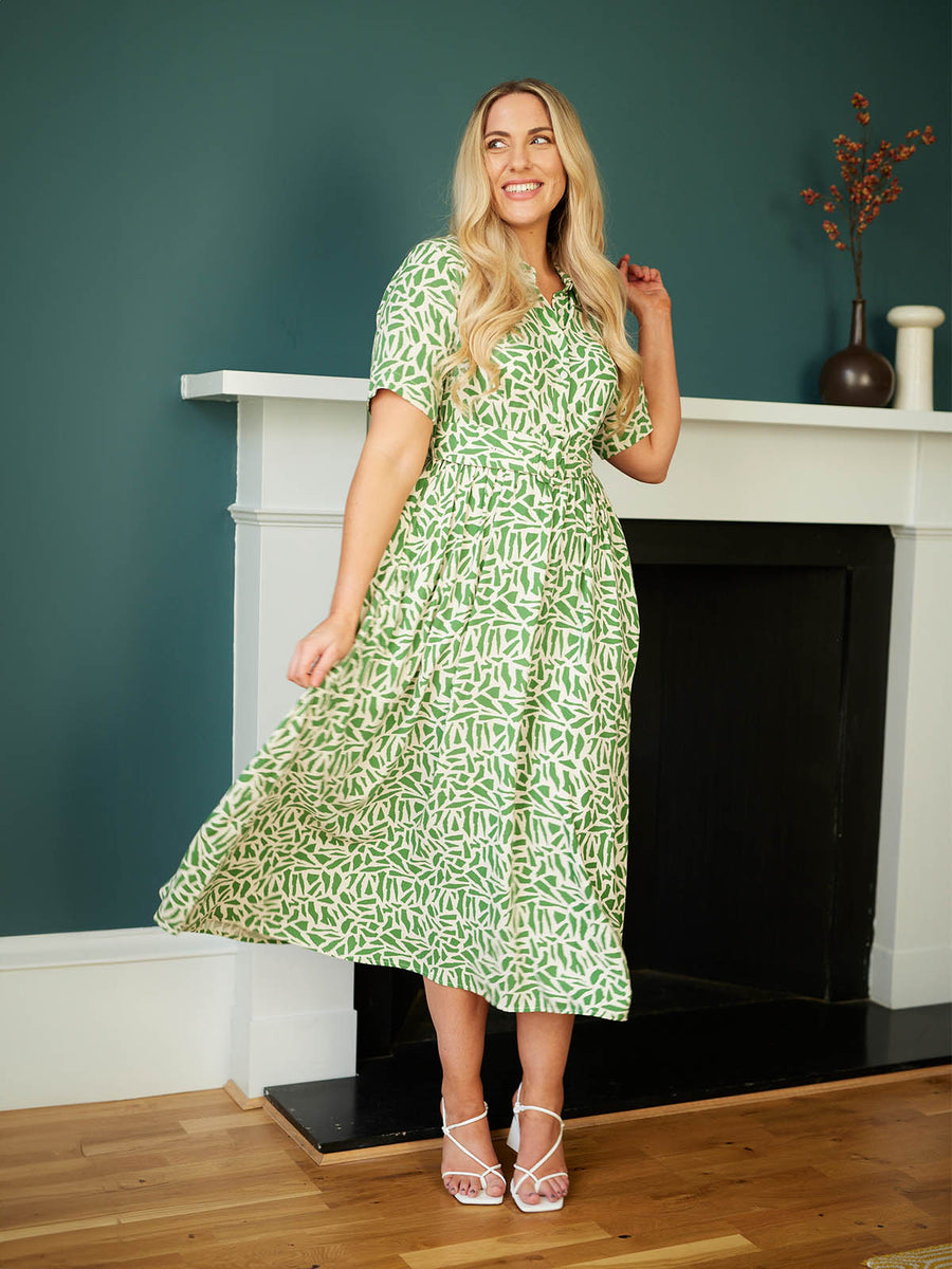 Camilla - Belted Shirt Dress - Green Terrazzo Print