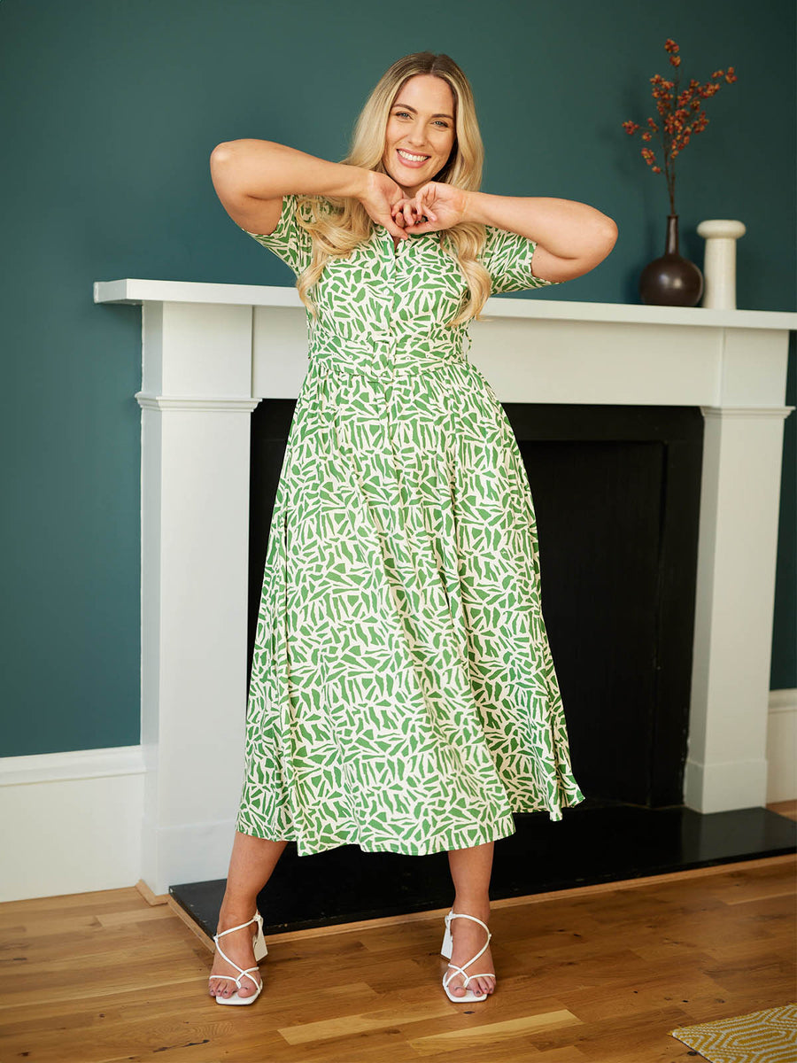 Camilla - Belted Shirt Dress - Green Terrazzo Print