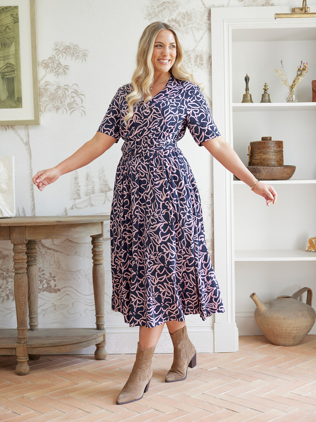 Camilla Dress - Navy Linear Floral This is Unfolded Camilla Dress - Navy Linear Floral This is Unfolded