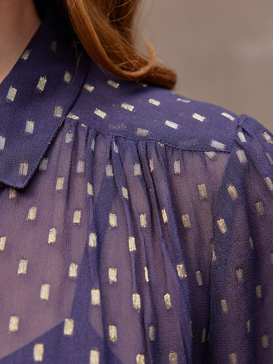 Collette - Long Sleeve Lurex Dobby Shirt - Navy and Gold