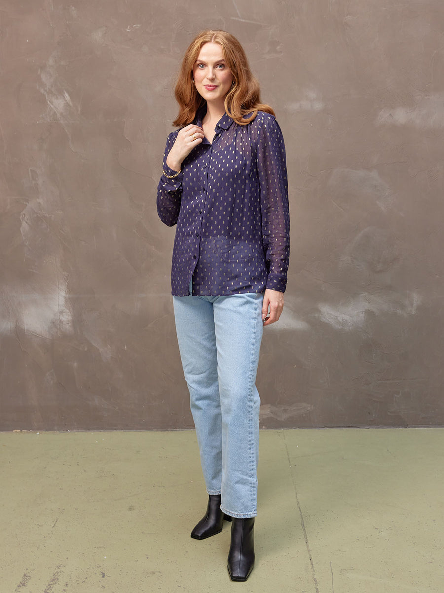 Collette - Long Sleeve Lurex Dobby Shirt - Navy and Gold