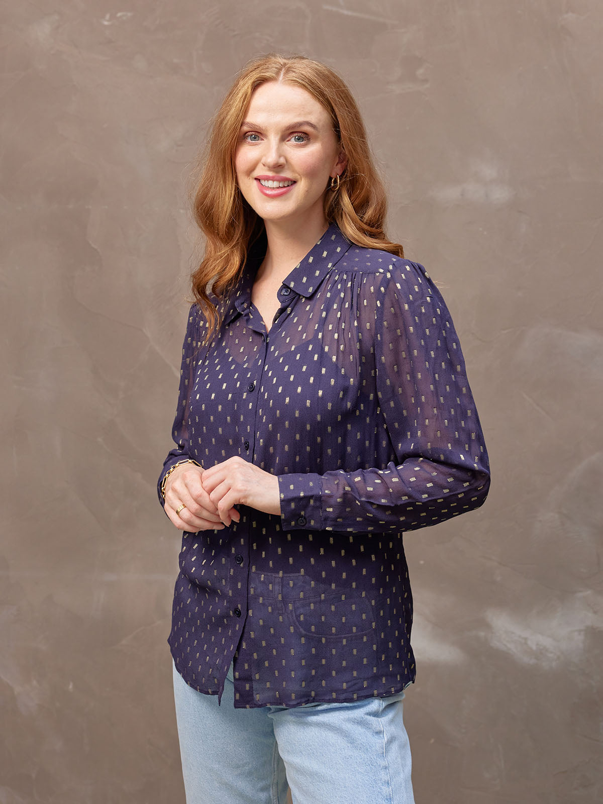 Collette - Long Sleeve Lurex Dobby Shirt - Navy and Gold