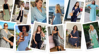 Collage of women wearing sustainable clothes, including eco friendly dresses, green skirts and tops, sustainable blouses and other conscious clothing. The images have smiling women in various poses showing clothes from This is Unfolded collections.